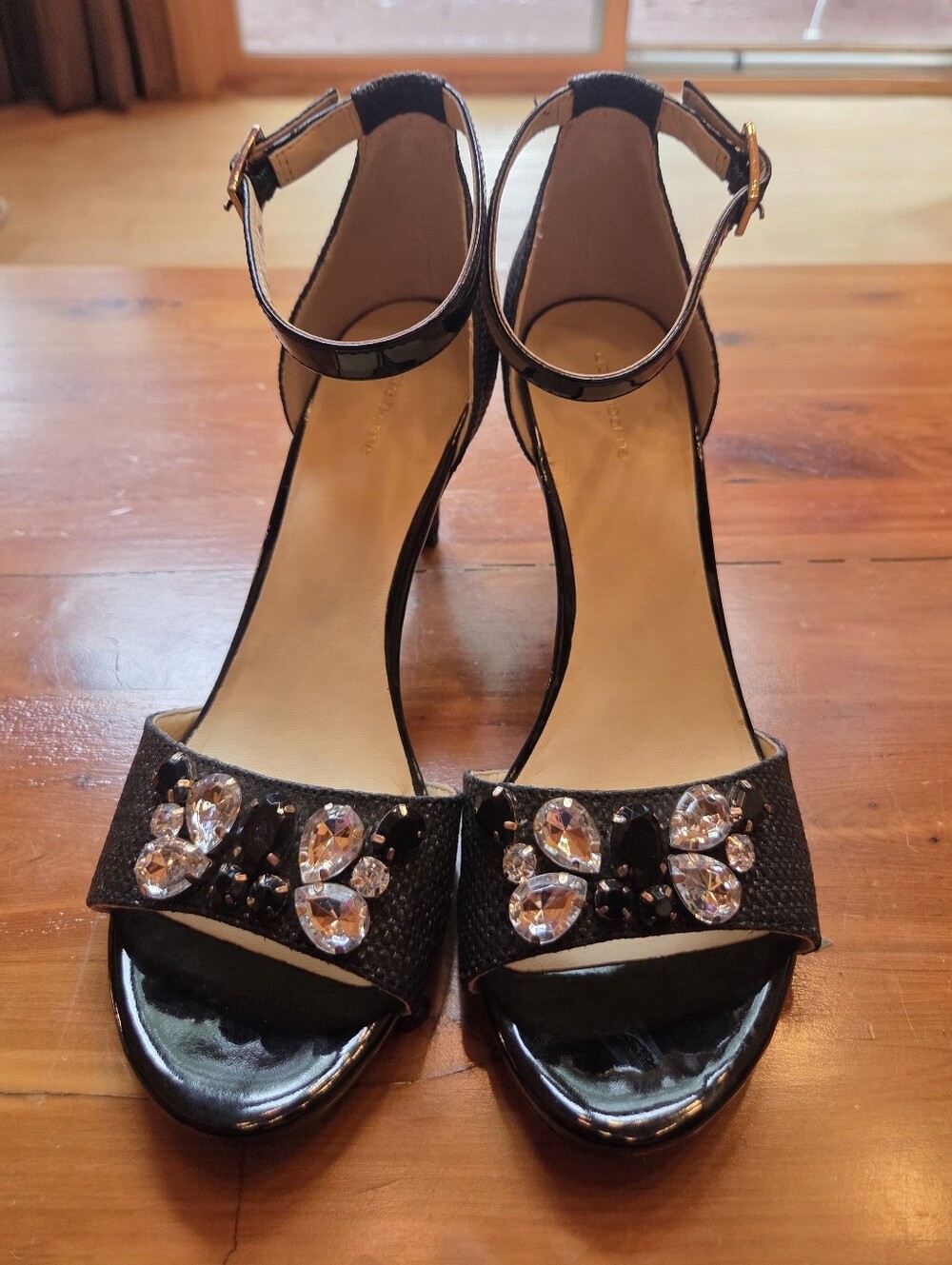 Liz Claiborne Black Jeweled Ankle-Strap Women's Mid Heels 7.5m